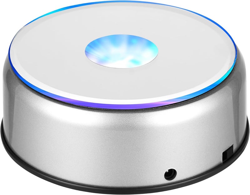 EUSTUMA Rotating LED Display Base Colorful Light Crystal Display Base Stand,Lighted Up Stand Color Changing Small LED for 3D Glass Crystal Art,Holiday Party Decoration. (A-Silver-Multicolor) - Image 1